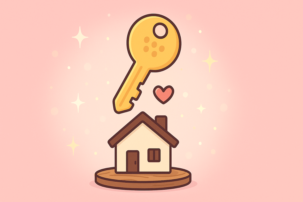 可愛らしいフラットイラスト。薄いピンクの背景に、小さな家の上でディンプルキーが輝き、間に赤いハートが描かれている。防犯や安心感をイメージしたデザイン。